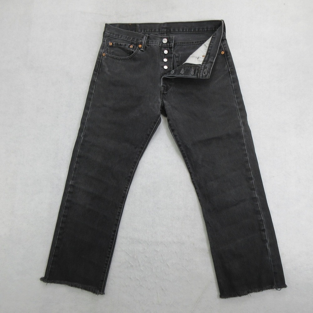 Levis 501 Mens 33x26 Black Jeans Button Fly Raw Hem Cropped